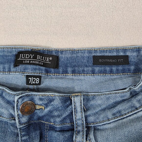 Judy Blue Jeans Womens 7/28 Blue Denim Boyfriend Fit Distressed Stretch Mid - Picture 9 of 16